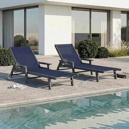 Patio Chaise Lounge Chair with Wheels & Cup Holder, HDPE Textilene Outdoor Lounge Chair 5 Positions Adjustable for Poolside Deck Patio Backyard (4, Grey Frame, Navy Textilene)