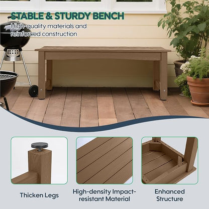 Weatherproof HIPS Outdoor Bench, 2-Person Patio Dining Bench, All-Weather Poly Lumber Garden Bench, Never Rot or Fade, Park Bench with Wood Grains for Porch, Deck, Entryway, Dark Brown