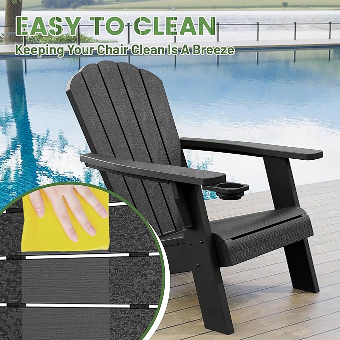 NUNU LAB Outdoor Adirondack Chair Set of 4, HDPE Plastic Patio Chairs for All Weather,Modern Fire Pit Chair, Outdoor Lawn Chairs for Deck, Porch, Backyard, Garden, Black