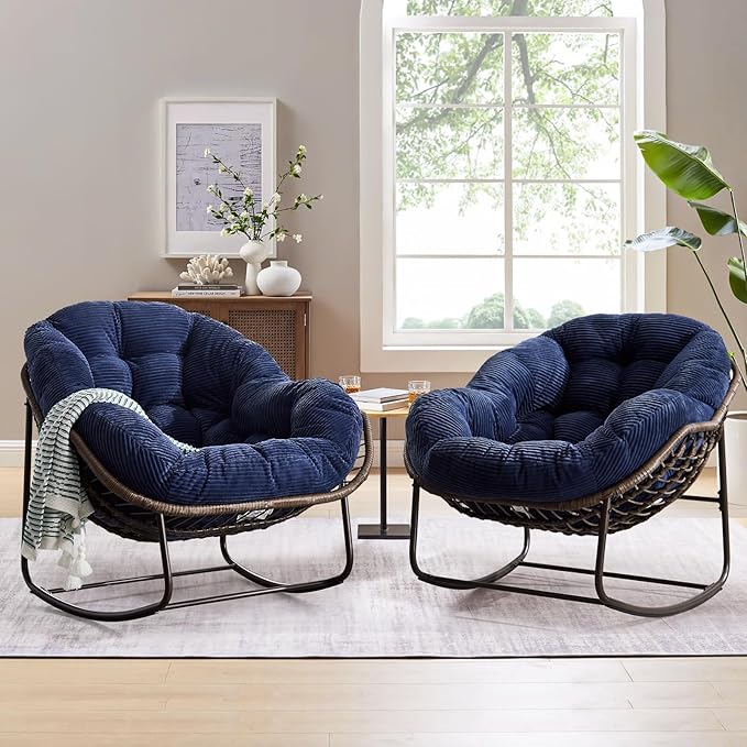 Large Indoor Rocking Chair, Oversized Rocking Papasan Chair with Thick Cushion and Frame,Comfy Corduroy Rocker Wicker Egg Chairs Lounge Reading Chair for Living Room, Bedroom, Apartment,Navy Blue