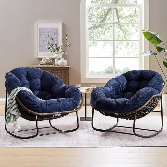 Large Indoor Rocking Chair Set of 2, Oversized Rocking Papasan Chair with Thick Cushion and Frame,Comfy Corduroy Rocker Wicker Egg Chairs Lounge Reading Chair for Living Room, Bedroom, Navy Blue