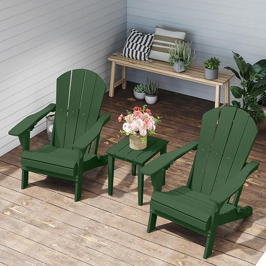 Foldable Adirondack Chair with Cup Holder-Heavy Duty Recycled HDPE Outdoor Patio Furniture, Weather Resistant Deck Lawn Fire Pit Chair (Dark Green, 2 Chair)