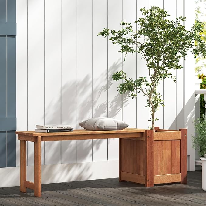 Giantex 2-in-1 Outdoor Bench with Raised Garden Bed, Wood Seat with Teak Oil Finish, Planter Box with Open-Ended Base, Garden Bench Seat for Porch Balcony Lawn Yard, DIY Assembly