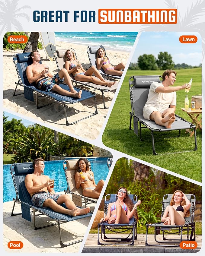 KingCamp Lounge Chair with face Hole, 400LBS Tanning Chairs for Outside, Adjustable 5-Position Beach Lounge Chairs Folding Sun Tanning Chair for Outside Beach Patio Sun Bathing Pool Backyard