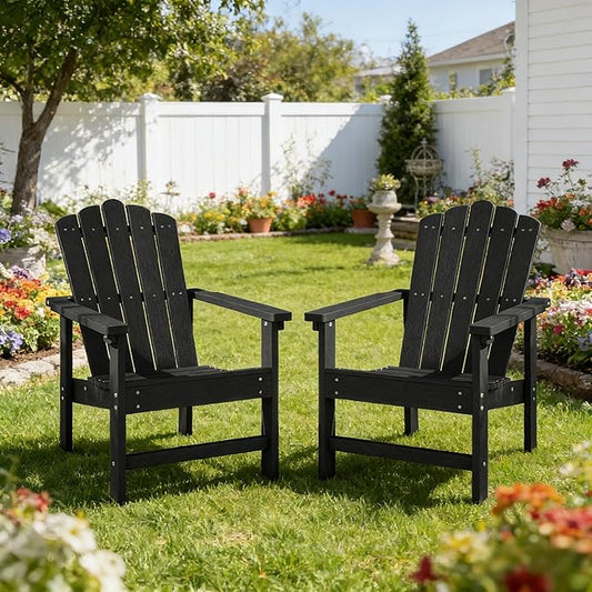 Stackable Adirondack Chairs Set of 2, Durable, Weather-Resistant Outdoor Patio Seating, Low Maintenance Poly Lumber Chairs for Porch, Deck, Garden, Fire Pit (Black)