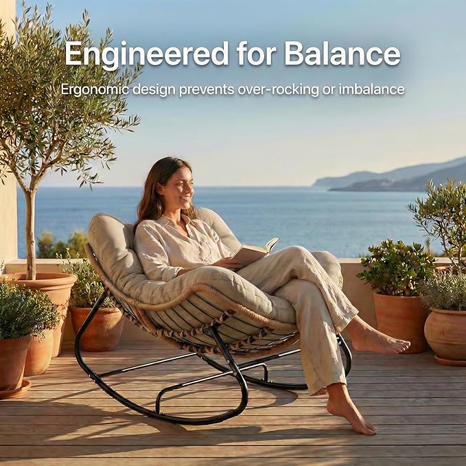 Oversized Papasan Rocking Chair Outdoor, Comfy Patio Papasan Egg Rocker with Thick Cushion for 450 lbs - Photo 4