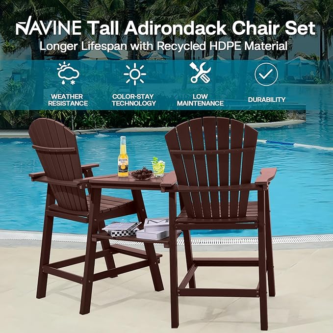 Tall Adirondack Chairs Set of 4, HDPE Balcony Chair with Double Connecting Tray, Weather Resistant Outdoor Adirondack Bar Stools for Patio, Deck, Patio, Backyard, Balcony. (Brown)