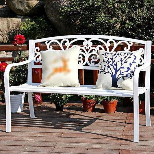 Outdoor Bench, 50" Metal Garden Bench Patio Porch Furniture with Backrest and Armrests, for Balcony, Yard, Garden, Weatherproof(White)