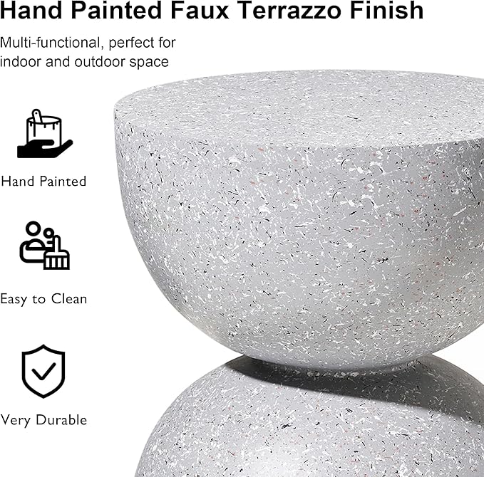 Glitzhome Outdoor Side Tables Set of 2, Heavy Duty Patio Sturdy Faux Terrazzo Decorative Garden Stool Planter Stand for Indoor Covered Outdoor, 17.75" H, Gray