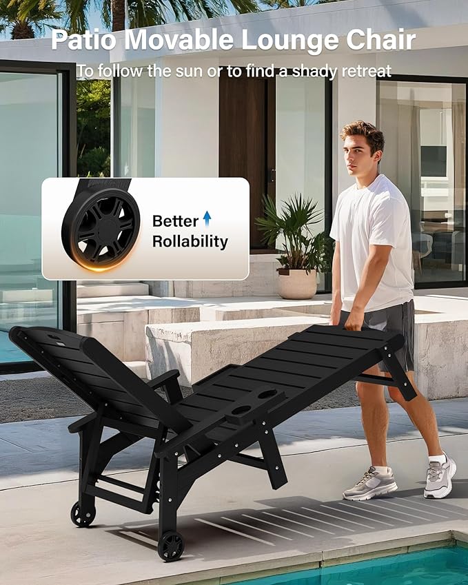 YEFU Chaise Lounge Chairs Set of 2 Outdoor,Pool Lounge Chair with Adjustable Backrest,All Weather Patio Lounge Chair with Cup Holder&Armrest,for Outside,Beach,Deck,Heavy Duty,400lbs Capacity(Black)