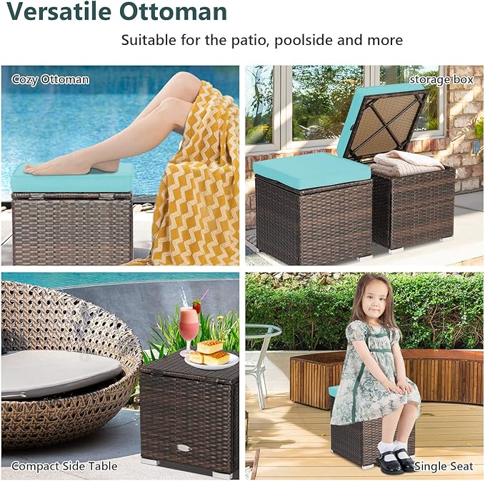 Tangkula 2 Pieces Patio Ottomans, Patiojoy Hand-Woven PE Rattan Side Table with Removable Cushion & Hidden Storage Space - Photo 6