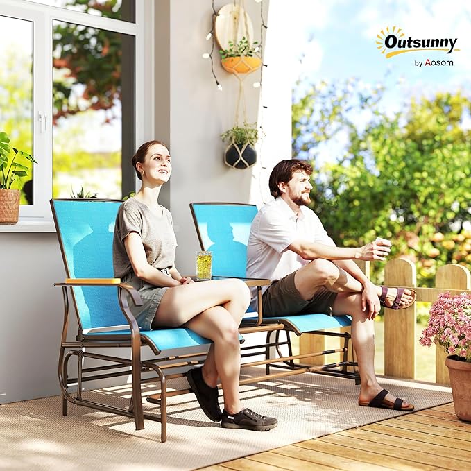 Outsunny 2 Person Outdoor Glider Bench, Patio Swing Glider Chair Loveseat with Breathable Mesh, Table, Steel Frame for Garden, Backyard, Porch, Blue