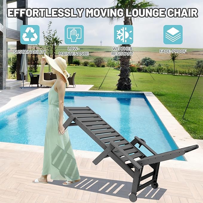 Outdoor Lounge Chairs, 78'' Long Patio Lounge Chair HDPE 5-Position Adjustable with Cup Holder & Rolling Wheels, Pool Lounge Chair for Sunbathing Tanning, Deck, Poolside -Grey