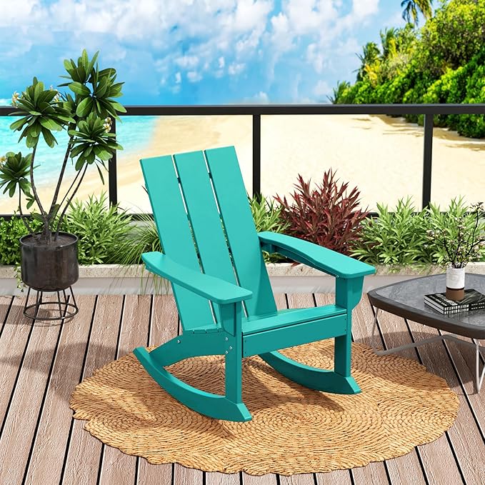 Costaelm Outdoor Adirondack Chair, All Weather Resistant Lawn Chairs Balcony Chair and Fire Pit Chairs, Patio Chair Outdoor Porch Rocking Chair High Back HDPE Poly Lumber, Turquoise