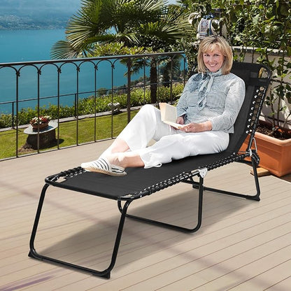 GYMAX Tanning Chair, Extra High Lounge Chair with Removable Pillow, Detachable Side Pocket & Adjustable Backrest, Folding Chaise Lounger for Sunbath, Layout Beach Chair for Indoor/Outdoor (2, Black)