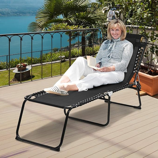 GYMAX Tanning Chair, Extra High Lounge Chair with Removable Pillow, Detachable Side Pocket & Adjustable Backrest, Folding Chaise Lounger for Sunbath, Layout Beach Chair for Indoor/Outdoor (1, Black)