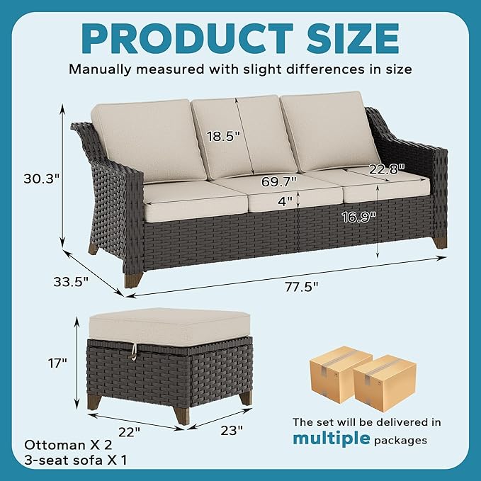 3 Pieces Outdoor Conversation Furniture Set - 77" Patio Sofa, 2 Rattan Wicker Ottomans - Photo 2