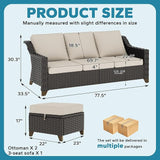 3 Pieces Outdoor Conversation Furniture Set - 77" Patio Sofa, 2 Rattan Wicker Ottomans - Photo 2