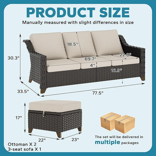 3 Pieces Outdoor Conversation Furniture Set - 77" Patio Sofa, 2 Rattan Wicker Ottomans, Patio Wicker Couch Set with Water-Resistant and Washable Cushions for Sunroom, Deck, Porch (Beige)
