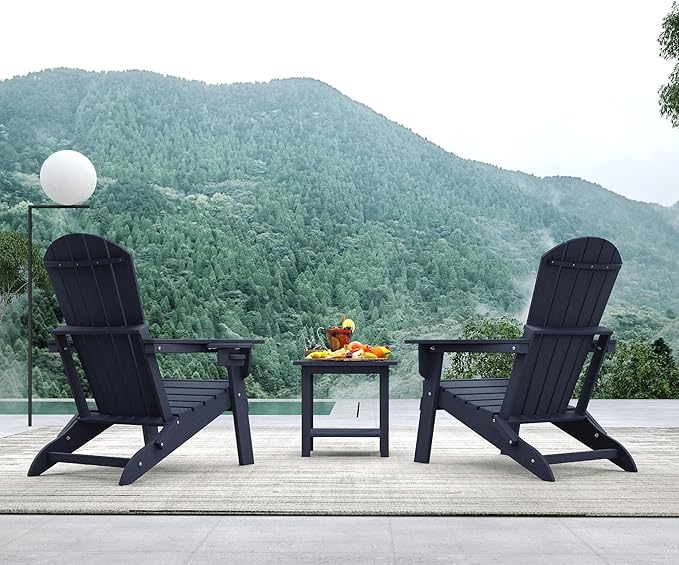 Folding Adirondack Chair Set of 2，Wooden Textured Fire Pit Chair with Cup Holder, Heavy All-Weather HDPE Plastic Outdoor Patio Chairs for Poolside Backyard Patio Outdoor Garden