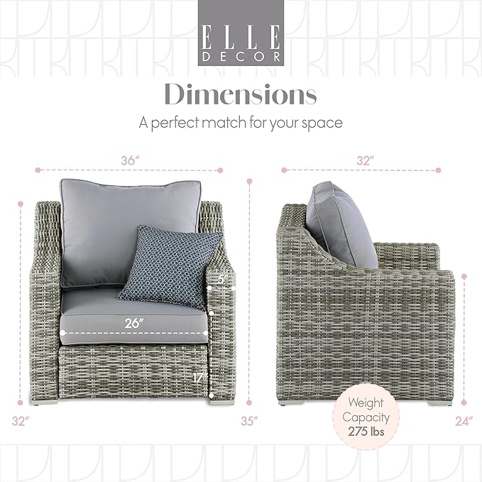 Elle Decor Vallauris Patio Outdoor Furniture Collection, Premium All Weather Wicker, Arm Chair, Gray - Photo 3