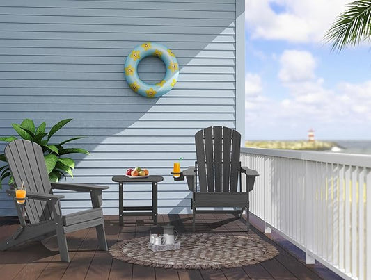 Upgraded Folding Adirondack Chair with All-Weather Cup Holder-EcoVida, Premium Wood Grain Texture, HDPE Waterproof, Suitable for Fire Pit, Patio, Porch,Grey