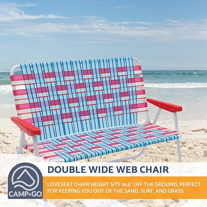 Camp & GO 16.5" High Seat Outdoor Double Wide Loveseat Web Folding Chair, Blue/Red - Photo 6