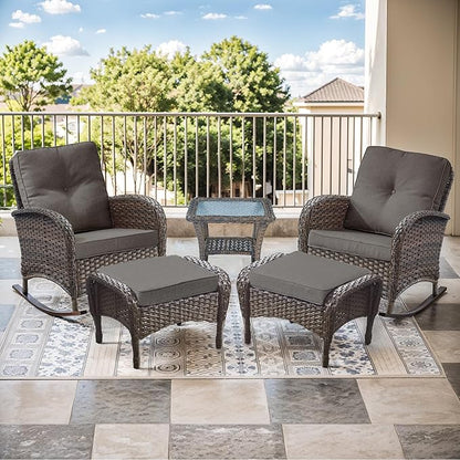 Patio Rocking Chair - 5 Peices Outdoor Wicker Rocker Porch Chair Set with Tempered Glass Side Table, and 2 Ottoman, Rattan Seating for Balcony Garden Brown/Grey