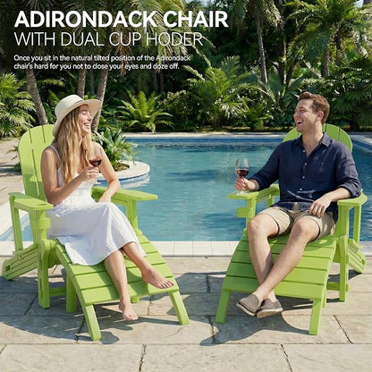 Vongrasig Adirondack Chairs Set of 2 with Removable Tabletop and Footrest, All-Weather HDPE Outdoor Chair Set with Wooden Textured, Cup Holder for Patio, Poolside, Deck, Garden, Green