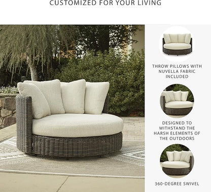 Signature Design by Ashley Kimora Casual Nuvella Weather Resistant Fabric Outdoor Swivel Lounge Chair with Zippered Removable Cushion and Casters, Beige & Dark Brown