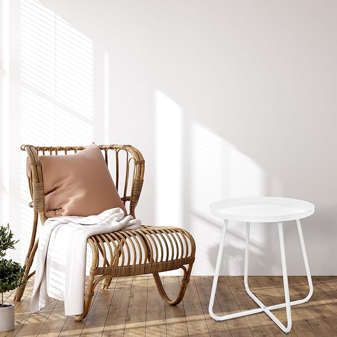 CODIN Set of 2 Outdoor Side Table Outdoor, Metal Side Table Small Round Side Table Weather Resistant End Table Patio Table for Garden Porch Balcony Yard Lawn (2, White)
