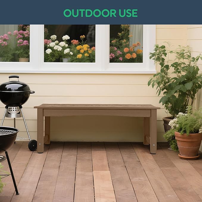 Weatherproof HIPS Outdoor Bench, 2-Person Patio Dining Bench, All-Weather Poly Lumber Garden Bench, Never Rot or Fade, Park Bench with Wood Grains for Porch, Entryway, Dark Brown, 2 Pack