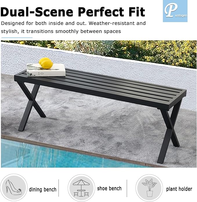 Black Outdoor Bench Set of 2, 46" Outdoor Metal Backless Bench for Outdoor, Patio Garden Bench, All Wheather Outdoor Bench with cors for Garden, Backyard, Porch, Black
