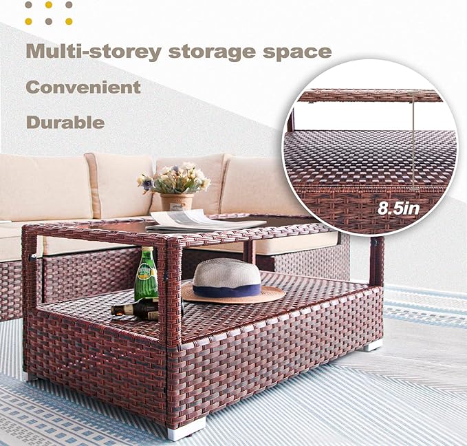 DIMAR GARDEN Outdoor Coffee Table Wicker Patio Rattan Side Table with Glass Top and Storage Shelf,40in Mixed Brown - Photo 4