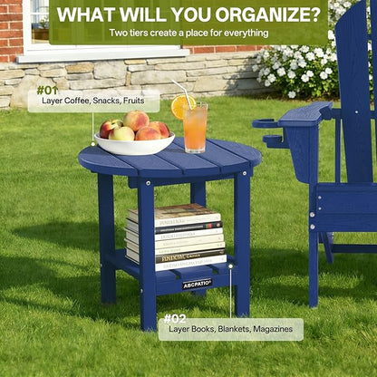 Outdoor Side Table Round - Patio Side Tables - HDPE Small Outdoor End Table for Backyard Pool Porch Balcony - Double Layer Storage - Navy (Wood Grain Finish)