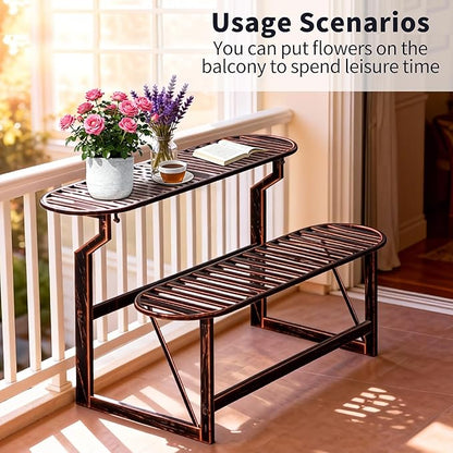 Convertible Bench, 2 in 1 Carbon Steel Picnic Table, Transforming Interchangeable Outdoor Table with Umbrella Hole, for Outside Patio Porch Backyard Park Garden 2 Pack Retro Brown Bench