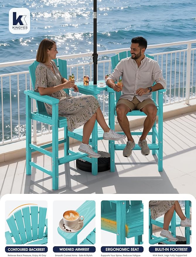 KINGYES Embossed Balcony Height Chair with 9FT Umbrella, Tall Poly Adirondack Chair Set of 4 with Double Connecting Trays, High Airondack Chair with Wood Grain, Aruba