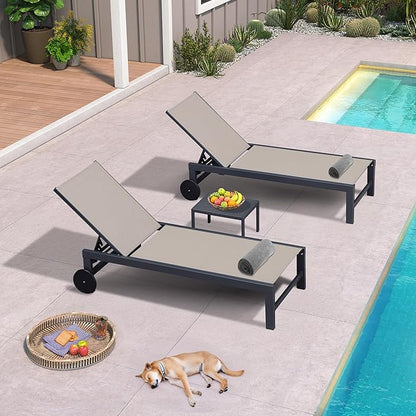 PURPLE LEAF Chaise Lounge Chair with Wheels for Outside 2 Pieces Aluminum Outdoor Chaise Lounge Chairs with 5 Adjustable Position Recliner for Patio Beach Yard Pool Side Table Included Taupe