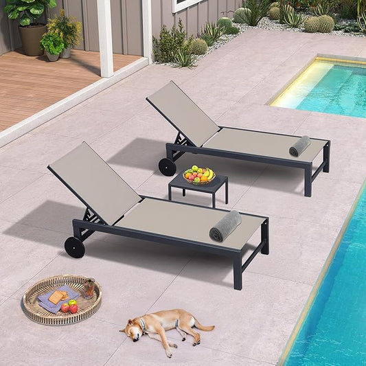 PURPLE LEAF Chaise Lounge Chair with Wheels for Outside 2 Pieces Aluminum Outdoor Chaise Lounge Chairs with 5 Adjustable Position Recliner for Patio Beach Yard Pool Side Table Included Taupe