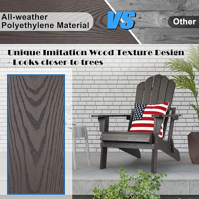 hOmeHua Folding Adirondack Chair Weather Resistant, Hard Plastic Imitation Wood Stripes Adirondack Chair, Easy to Fold Move & Maintain, Outdoor Chair for Patio, Backyard Deck, Fire Pit - Dark Brown