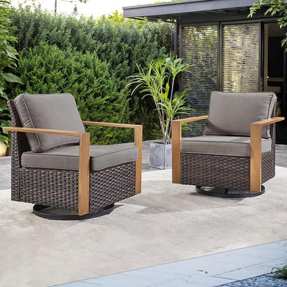Rilyson Outdoor Patio Swivel Rocker Chairs - Wicker Rattan Patio Swivel Rocking Chairs Set of 2 with Metal Wide Armrest, Thick Cushions and Deep Seating for Deck Porch Sunroom Garden(Brown/Grey)