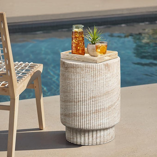 LuxenHome Outdoor Accent Side Table, 18'' Travertine-Style Outdoor Furniture, Round with Ribbed Cement End Table for Patio Backyard Balcony, Modern Coffee Furniture Gift