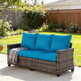 All Weather Patio Couch, 3 Seat Outdoor Couch with High Curved Back and Peacock Blue Thick Cushions - Photo 1