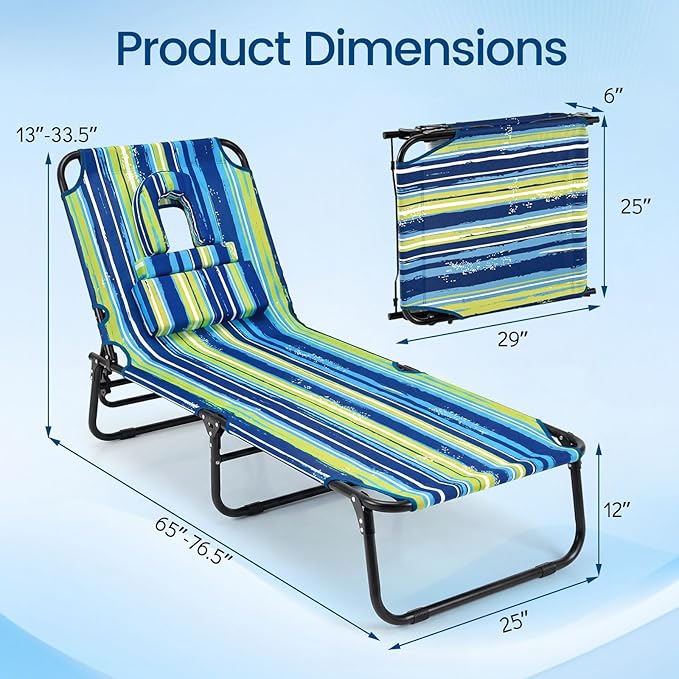 Tangkula Beach Lounge Chair, Folding Sunbathing Recliner with Face Hole, Face Down Tanning Chair with 4-Level Adjustable Backrest & 3 Removable Pillows, Chaise Lounge Chair for Patio (2, Stripe)
