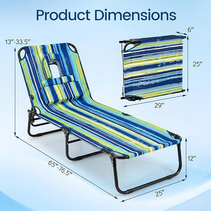 COSTWAY Tanning Chair with Face Hole, Pillows & Adjustable Backrest, Folding Chaise Lounge for Sunbathing, Beach, Seaside (1, Blue & Green)