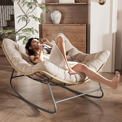 Outdoor Rocking Chair, 2 PCS Indoor Papasan Chairs, Oversized Egg Rocking Chair with Thick Cushion, Rattan Wicker Rocker Lounge Chair for Bedroom, Living Room, Patio, Garden, Porch (Beige)