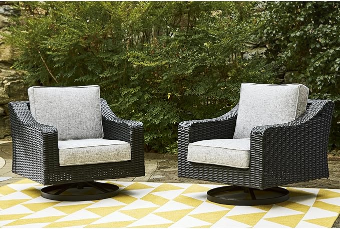 Signature Design by Ashley Beachcroft Casual Outdoor Weather Resistant Rust Free Swivel Lounge Chair with Removable Cushion, Light Gray & Black