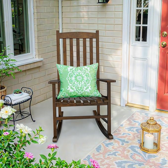 Nouva All-Weather Patio Rocking Chair, Solid Wood High Back Outdoor Porch Rocker Lounge Camping Chair for Porch Patio Fire Pit Garden Backyard Deck Poolside Lawn,Natural