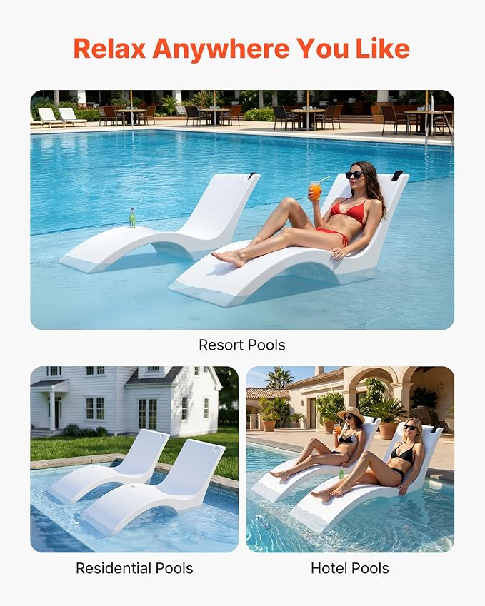 VEVOR Pool Lounge Chairs, Set of 2 Chaise Lounger, Water Weighted in-Pool Lounger Chairs for up to 9" Water Depths, Anti-Floating Patio Furniture with Cup Phone Holders for Sun Shelf & Tanning Ledge