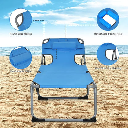 GYMAX Tanning Chair, Folding Beach Lounger with Face Arm Hole, Adjustable Backrest, Side Pocket, Pillow & Carry Handle, Outside Sunbathing Lounge Chair for Patio, Poolside, Lawn (2, Navy)